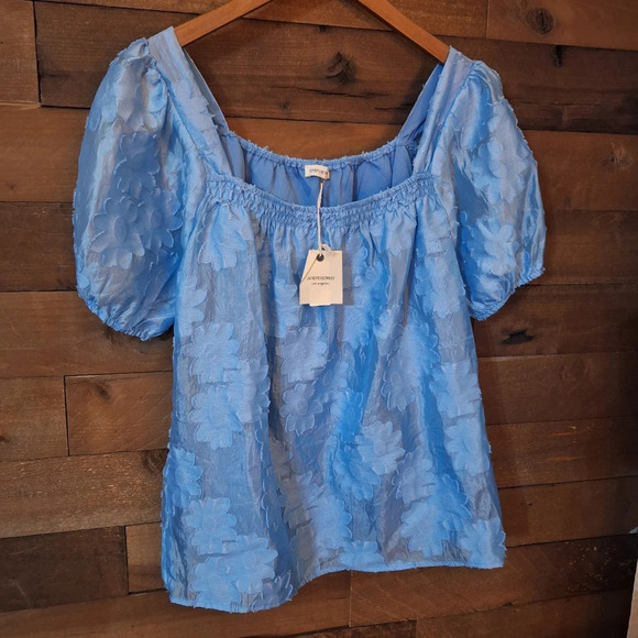 ANDTHEWHY NWT Blue Serenity Floral Applique Embroidered Blouse Sz small - Picture 7 of 11